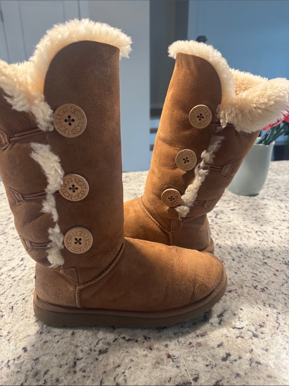 UGG Tall Button Boots in Chestnut Brown with Shearling Trim